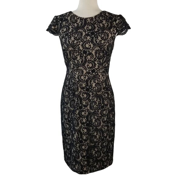 Talbots Black Lace Over Tan Nude Short Sleeve Dress Size 6 - Picture 1 of 5